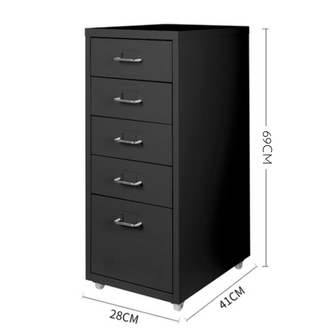Steel 5 Drawer Mobile File Cabinet Office/Home Under-desk Storage Cupboard - Black