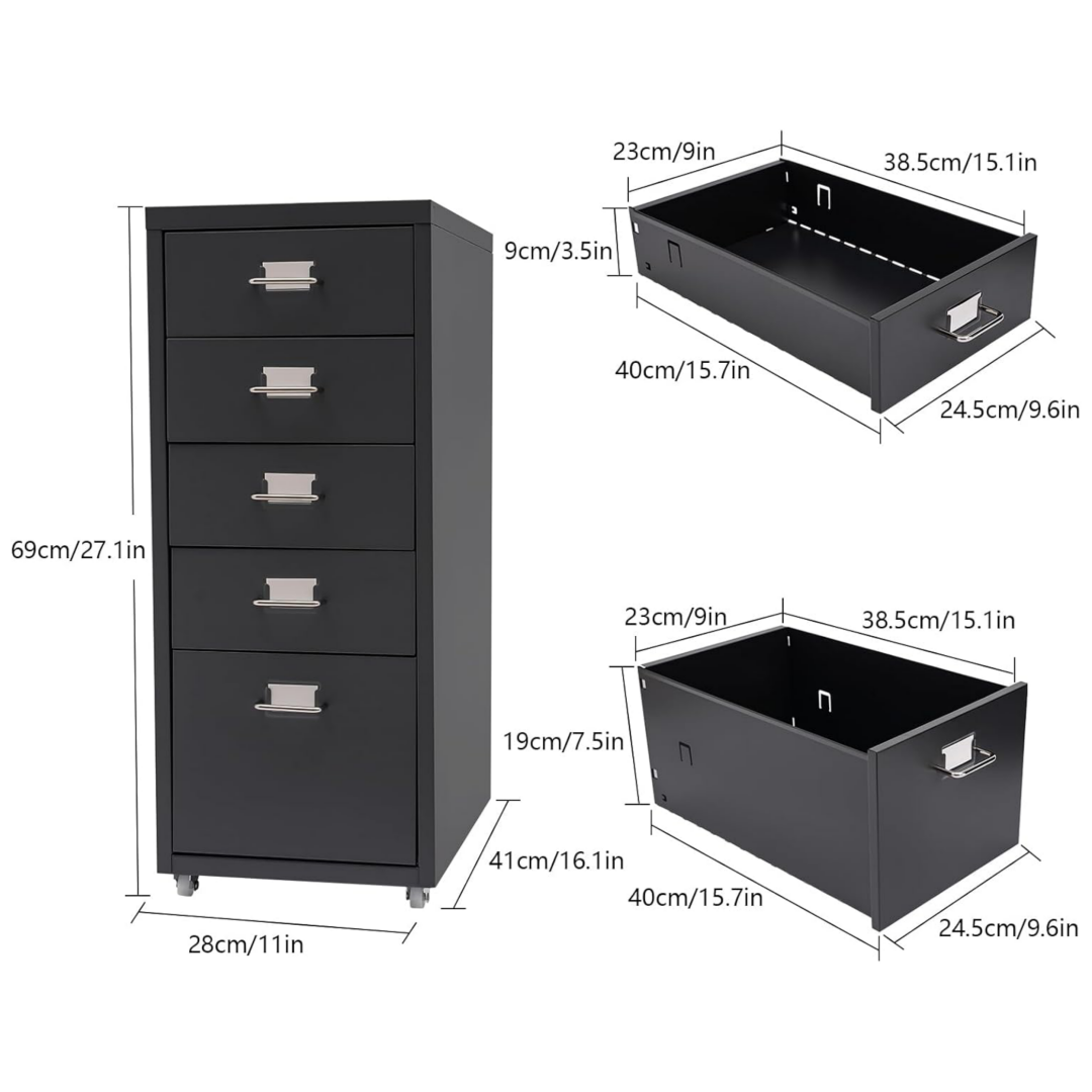 Steel 5 Drawer Mobile File Cabinet Office/Home Under-desk Storage Cupboard - Black
