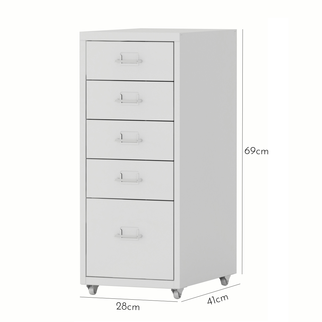 Steel 5 Drawer Mobile File Cabinet Office/Home Under-desk Storage Cupboard - White