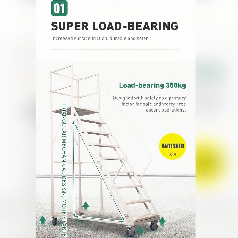Steel 10 Step Mobile Rolling Safety Ladder Warehouse Access Ladder - Light Grey