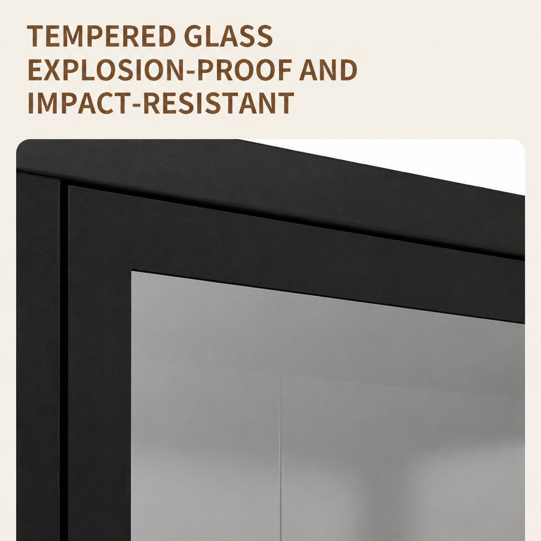Steel Glass Display Cabinet Bookcases Storage Cupboard - Black