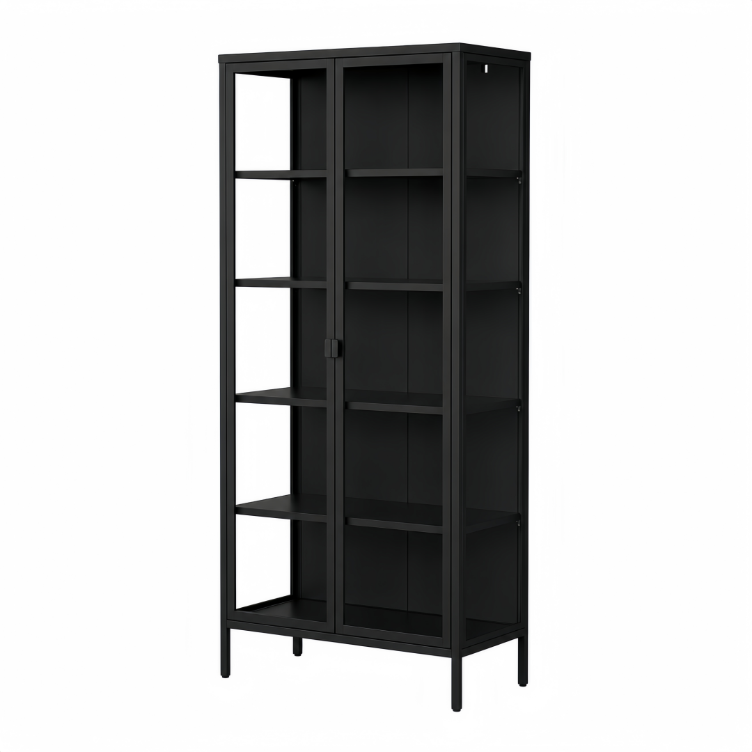 Steel Glass Display Cabinet Bookcases Storage Cupboard - Black