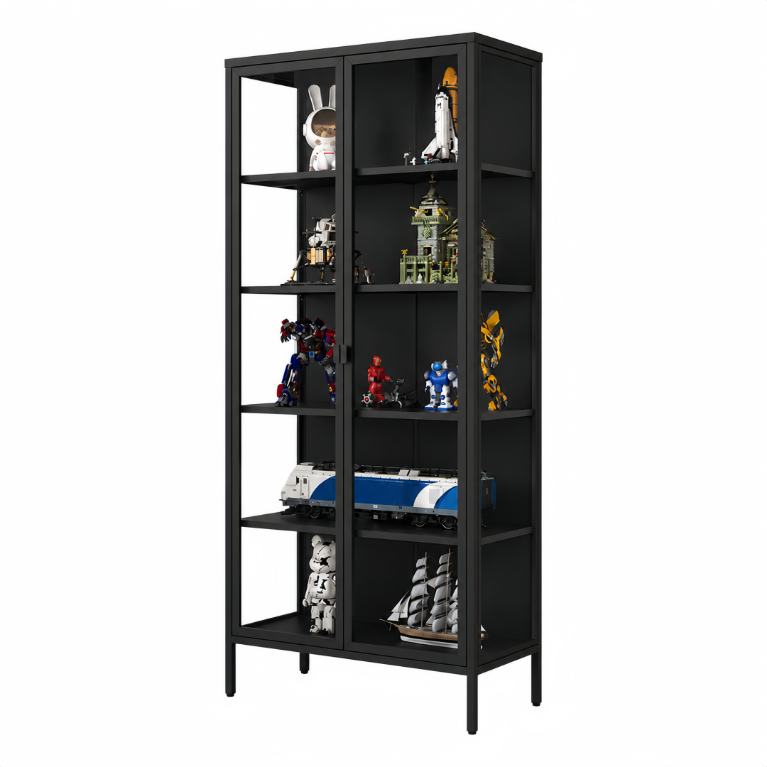 Steel Glass Display Cabinet Bookcases Storage Cupboard - Black