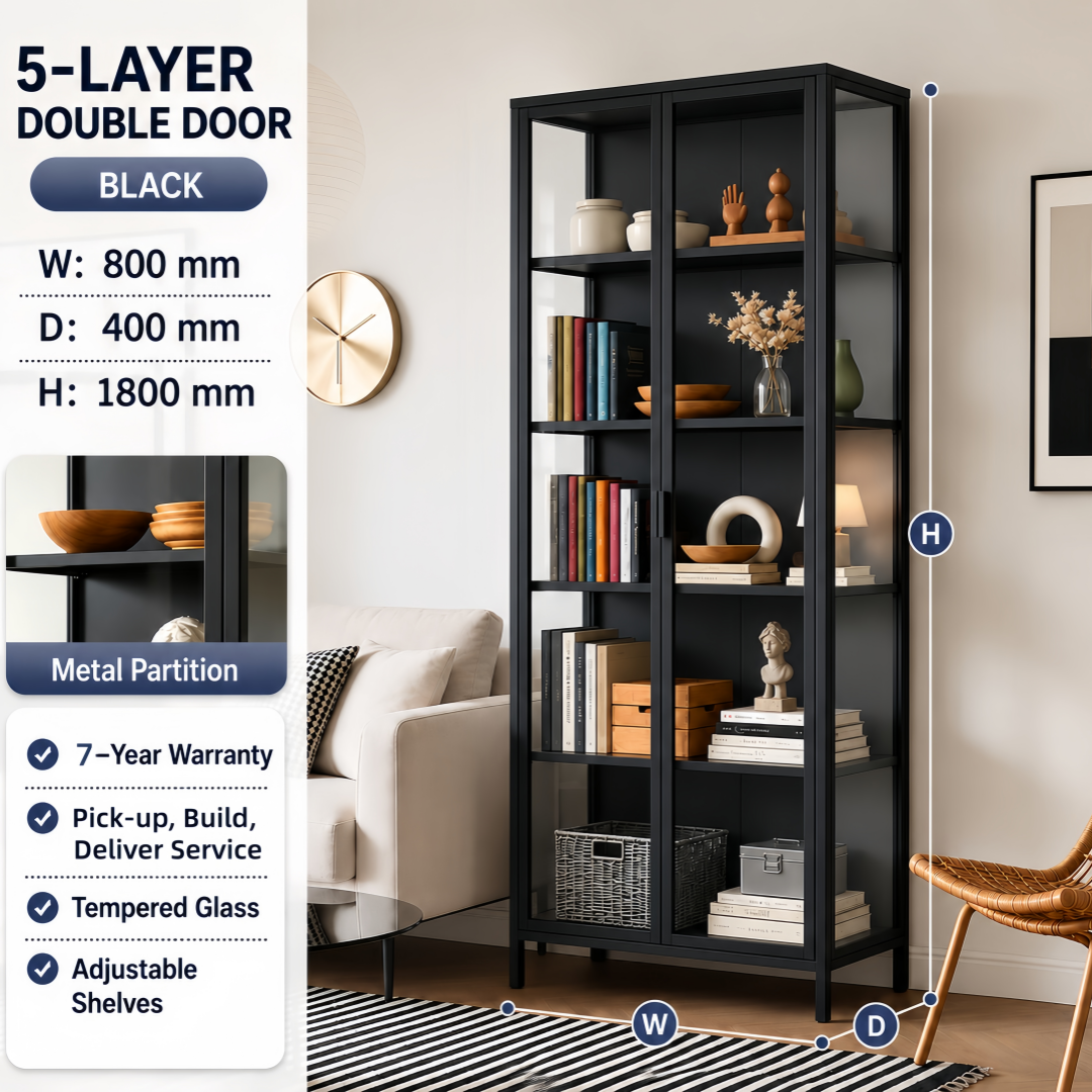 Steel Glass Display Cabinet Bookcases Storage Cupboard - Black