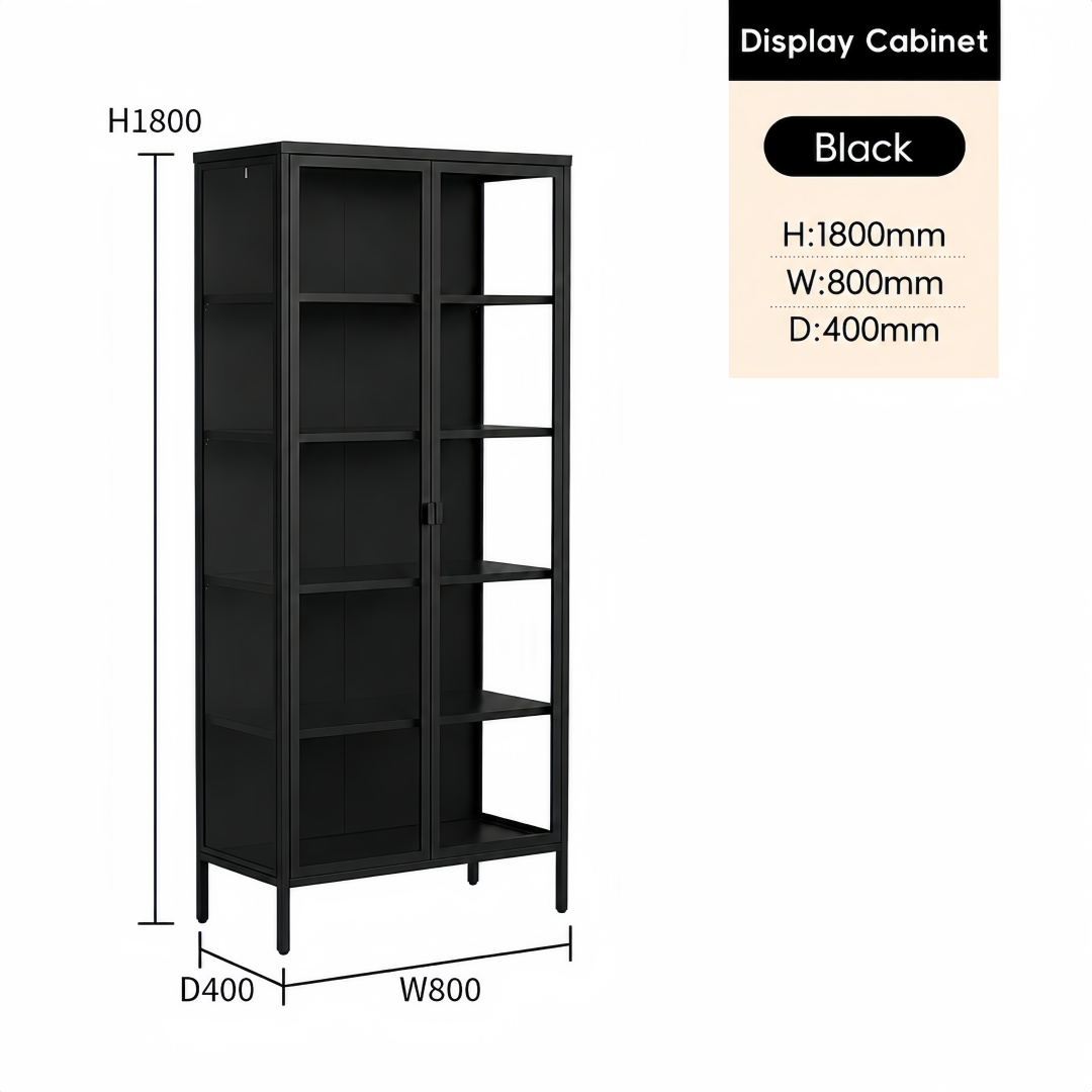 Steel Glass Display Cabinet Bookcases Storage Cupboard - Black