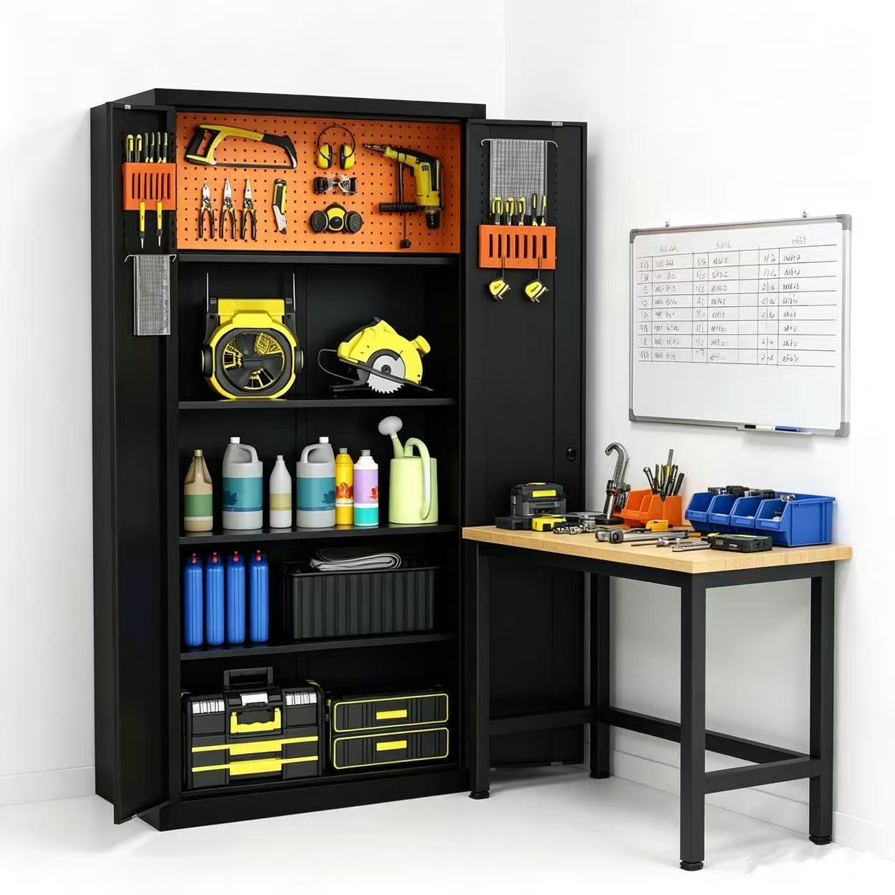 Steel Swing Door Inner Handle Tool Storage Cabinet Cupboard Locker - Black and Orange