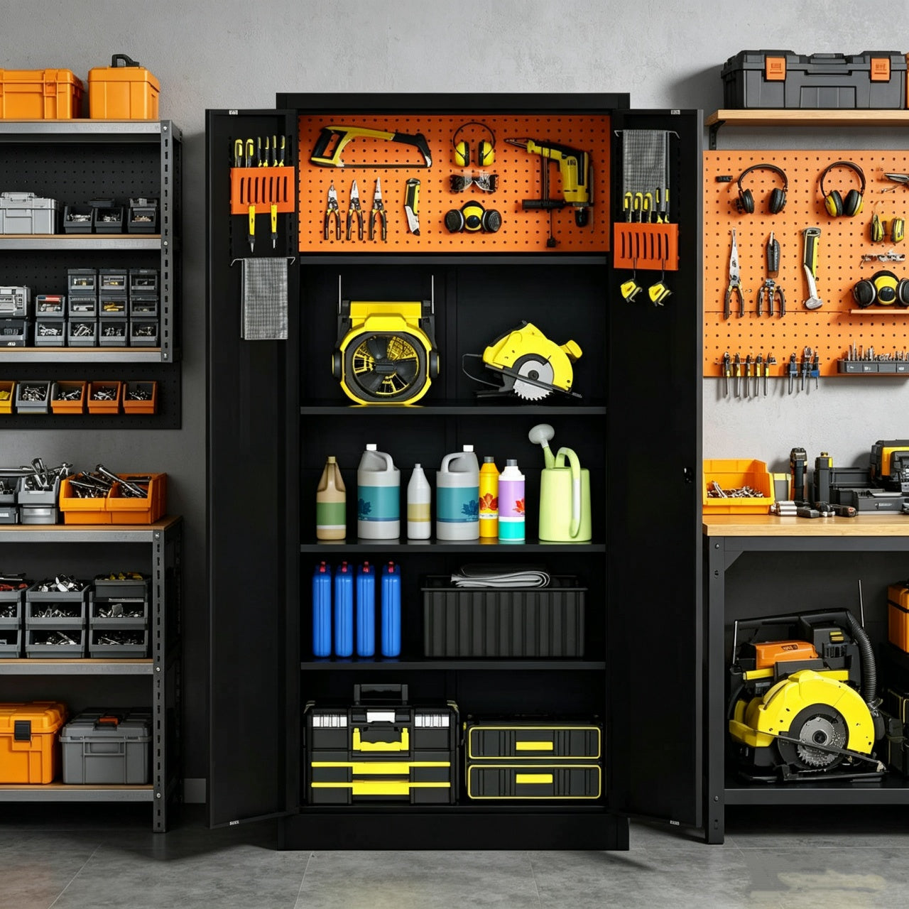 Steel Swing Door Inner Handle Tool Storage Cabinet Cupboard Locker - Black and Orange