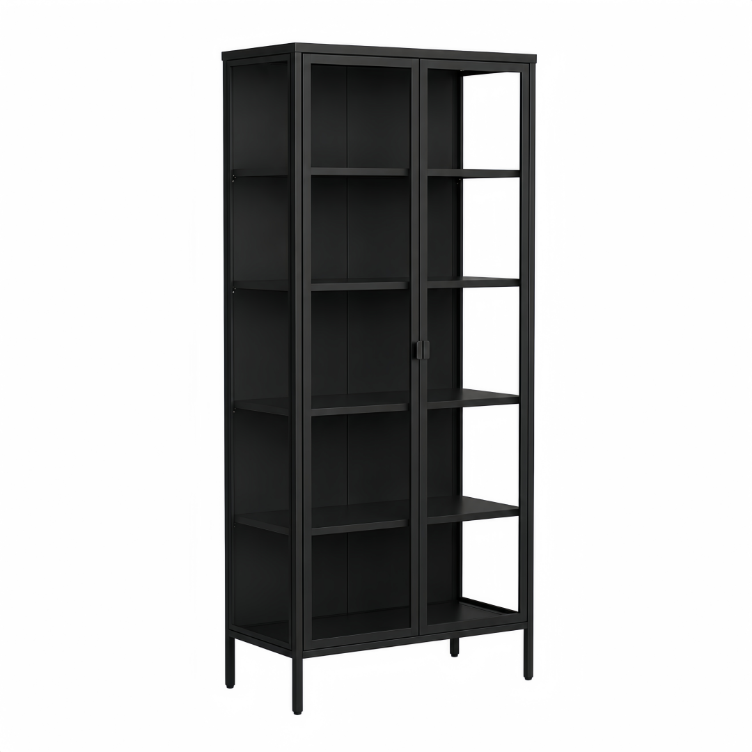 Steel Glass Display Cabinet Bookcases Storage Cupboard - Black
