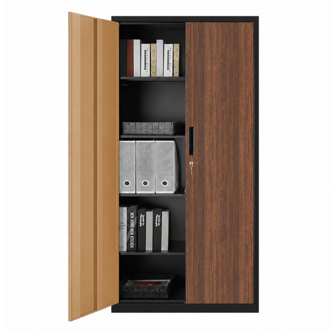 Steel Filing Cabinet Office/Home Storage Cupboard Locker File Organizer - Walnut & Black