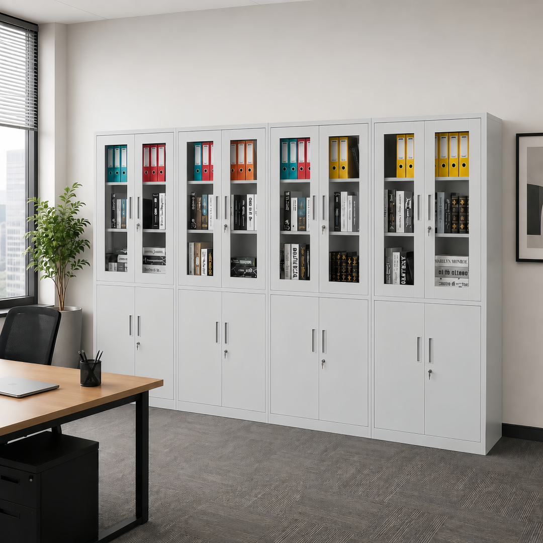 Steel Glass Door Filing Cabinet Office/Home Storage Cupboard Locker File Organizer - Light Grey
