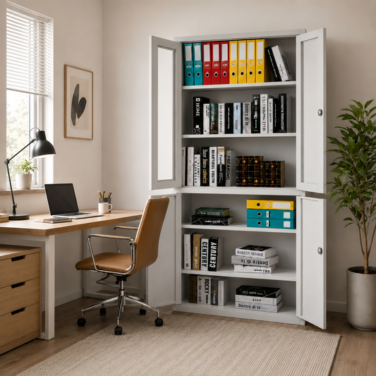 Steel Glass Door Filing Cabinet Office/Home Storage Cupboard Locker File Organizer - Light Grey