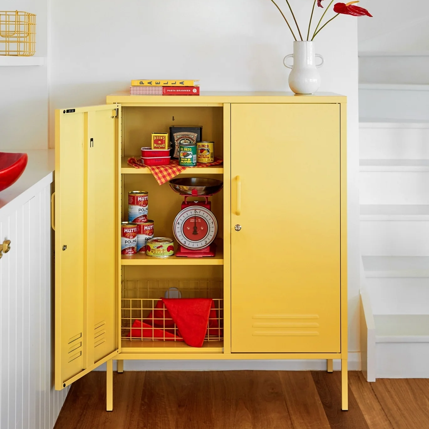 Steel Midi Sideboard Metal Locker Adjustable Shelves Storage Cabinet - Butter Yellow