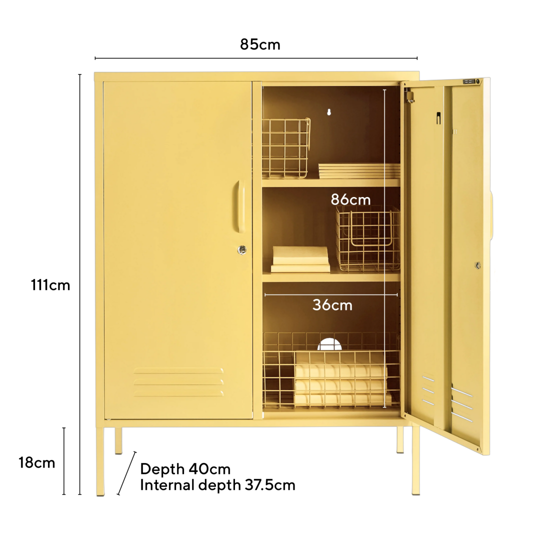 Steel Midi Sideboard Metal Locker Adjustable Shelves Storage Cabinet - Butter Yellow