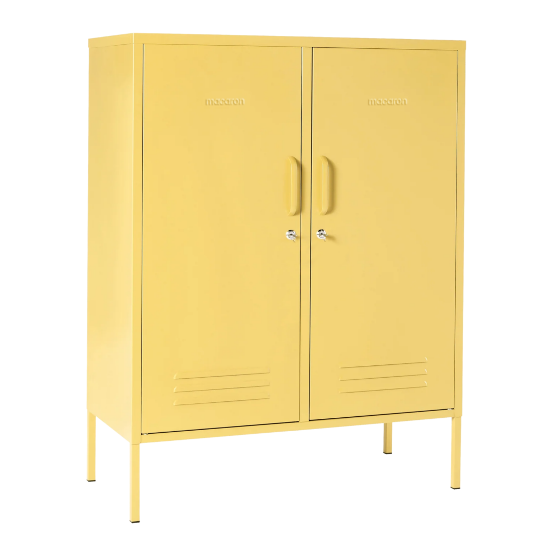 Steel Midi Sideboard Metal Locker Adjustable Shelves Storage Cabinet - Butter Yellow
