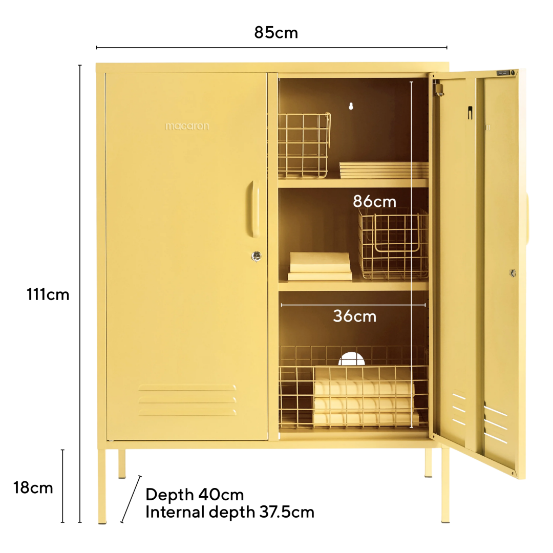 Steel Midi Sideboard Metal Locker Adjustable Shelves Storage Cabinet - Butter Yellow