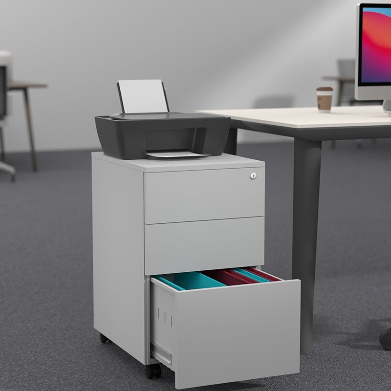 Steel 3 Drawer Lockable Mobile File Cabinets For Office/Home - Side Handle - Light Grey