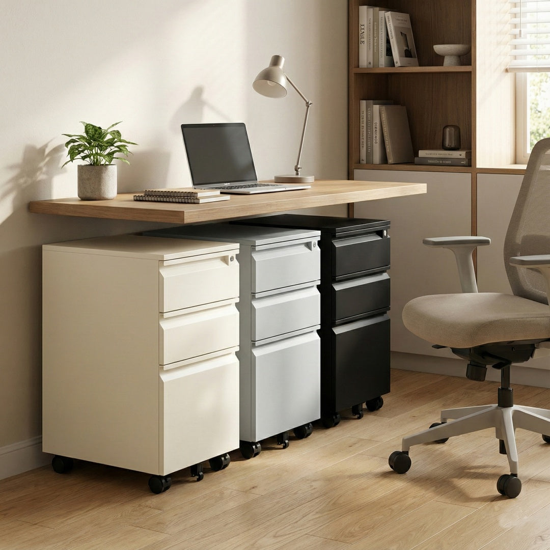Steel 3 Drawer Lockable Mobile File Cabinets For Office/Home - Swan Handle - Light Grey
