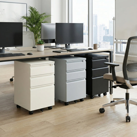 Steel 3 Drawer Lockable Mobile File Cabinets For Office/Home - Swan Handle - Light Grey