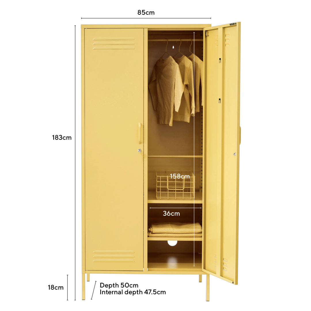 Steel Twinny Wardrobe Metal Locker Adjustable Shelves Storage Cabinet - Butter Yellow