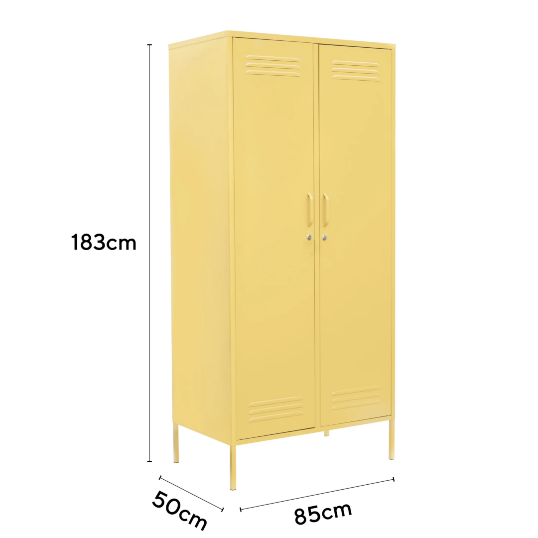 Steel Twinny Wardrobe Metal Locker Adjustable Shelves Storage Cabinet - Butter Yellow