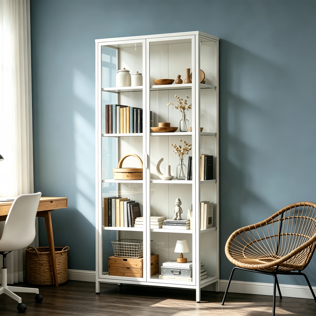 Steel Glass Display Cabinet Bookcases Storage Cupboard - White