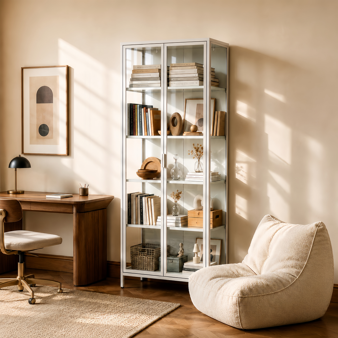 Steel Glass Display Cabinet Bookcases Storage Cupboard - White