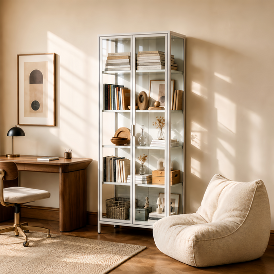 Steel Glass Display Cabinet Bookcases Storage Cupboard - White