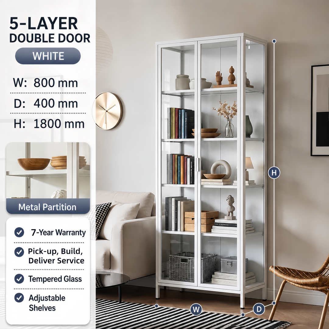 Steel Glass Display Cabinet Bookcases Storage Cupboard - White